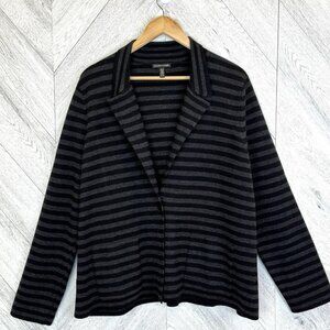 Eileen Fisher Blazer Cardigan Sweater Jacket Womens XL Black Striped Merino Wool
